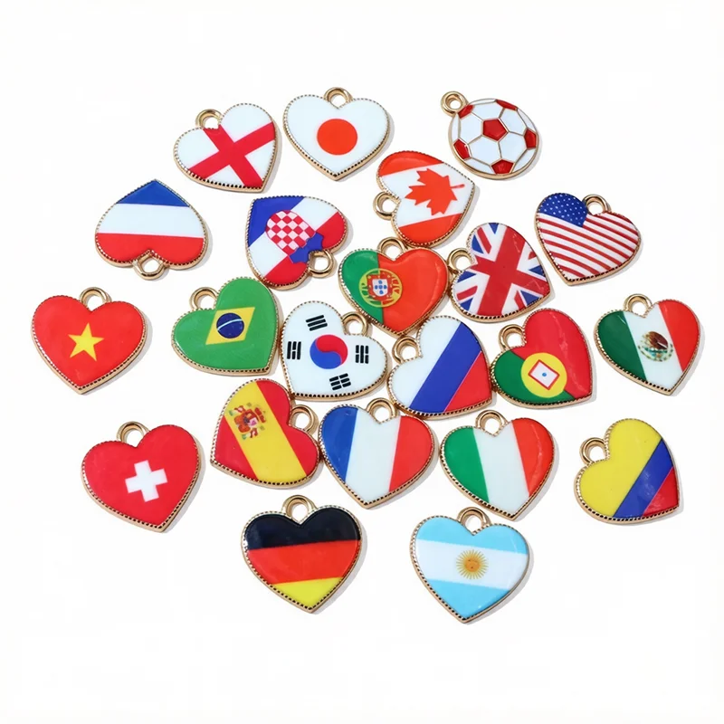 20pcs 15x16mm Enamel National Flags of Countries Heart Charms Pendant DIY Jewelry Making Accessories for Necklace Earrings