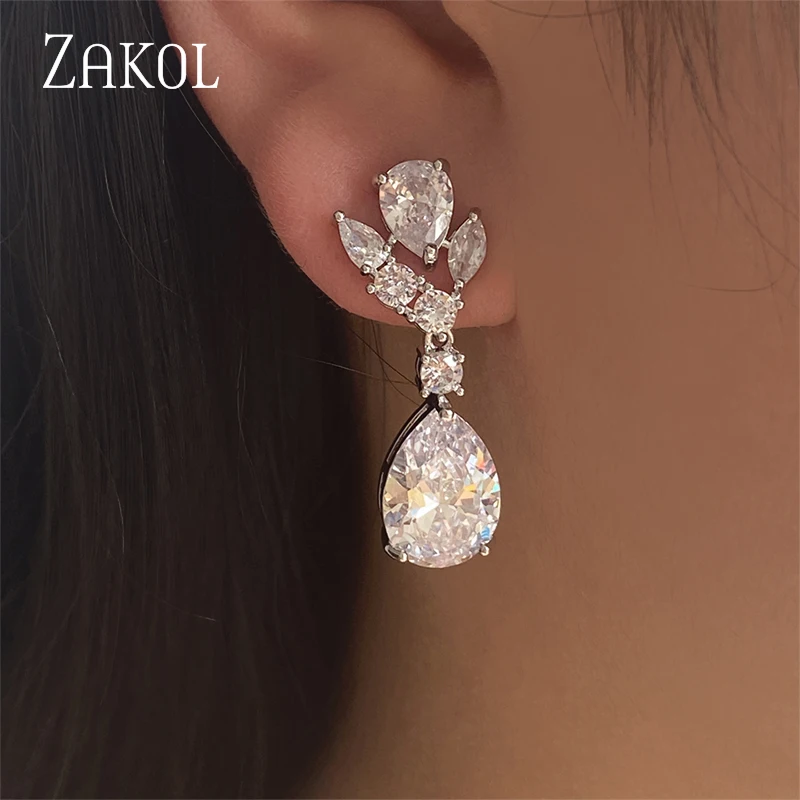 ZAKOL Fashion Classic Colorful Water Drop Cubic Zirconia Dangle Earrings Shinny Green Blue AAA CZ Banquet Jewelry for Women