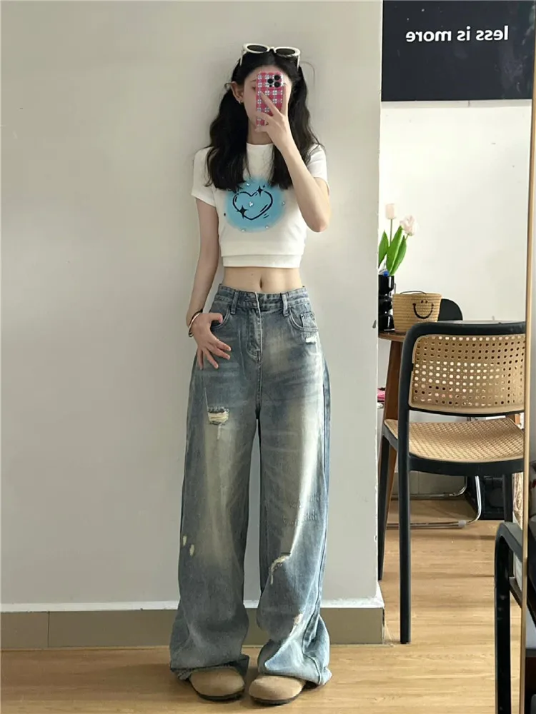 

Retro American Hole Denim Jeans Women Summer Thin Loose Drapey High Waist Extended Wear Wide Leg Floor Length Pants