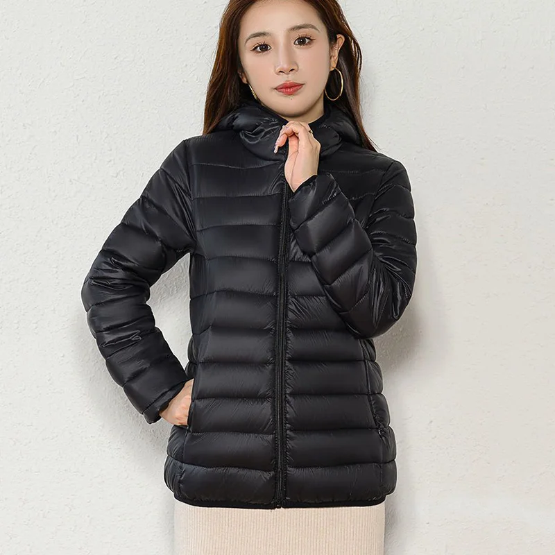 Lightweight Zipper Up Hooded Down Cotton Coats Women Autumn Winter Windproof Long Sleeve Warm Puffer Jacket Solid Color Parkas