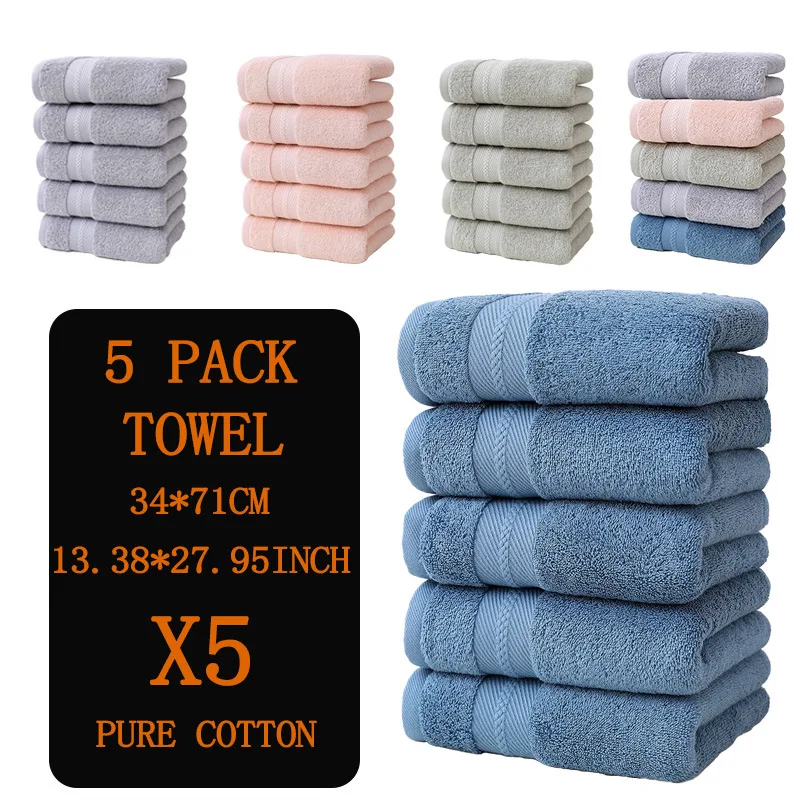5 Plain Color Cotton Towels, Pure Cotton Soft, Absorbent and Skin-Friendly Face Towels, Pure Cotton Face Towel Set, Suitable for Home Bathroom Bathing