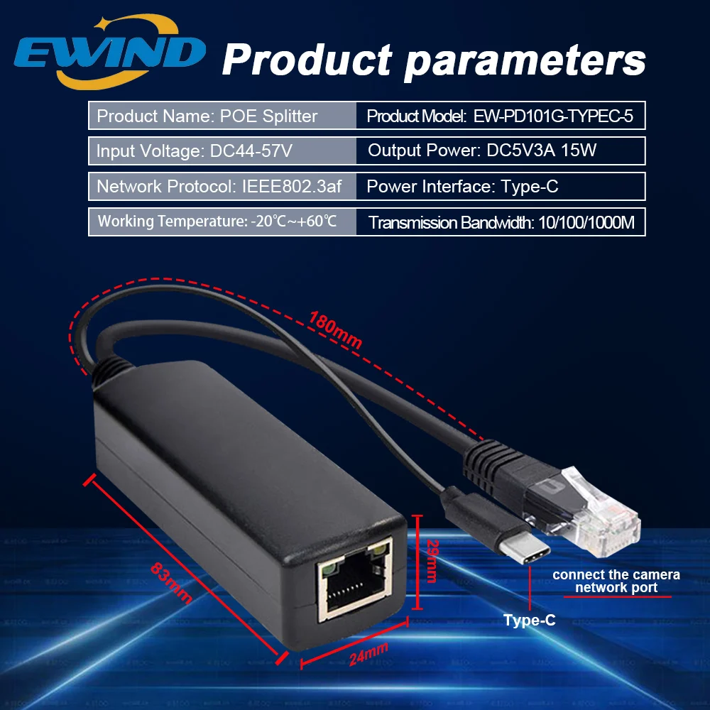 EWIND POE Splitter 10/100/1000Mbps Type-C IEEE802.3af DC44-57V To 5V 3A Power Supply for IP Camera Wireless AP or Non-POE Device