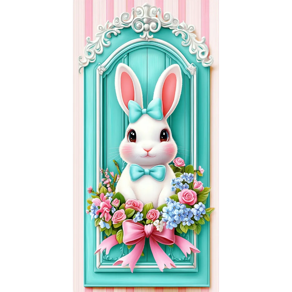 Easter Banner Wreath Rabbit Design Door Decorative Background Hanging Cloth for Easter Party Home Patio Door Decoration Backdrop