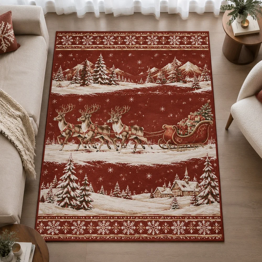 VIKAMA Floor Carpet Brick Red Christmas Reindeer Sleigh Snow Scene Washable Study Sitting Room Fireplace Side Table Xmas Gift