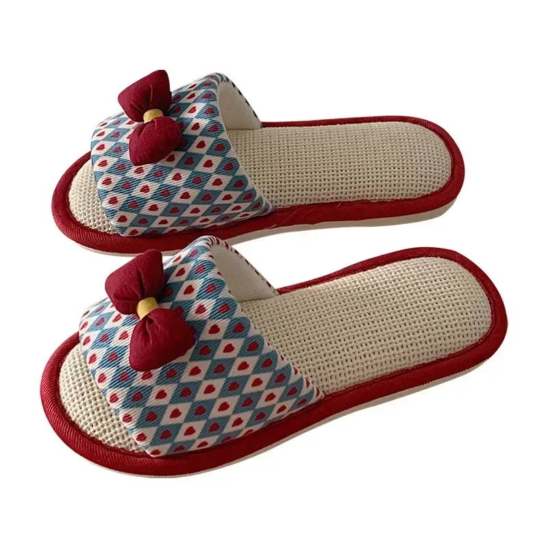 Fashion Soft Ladies Casual Cute Bow Tie Pattern Design Comfortable Female Linen Home Slippers