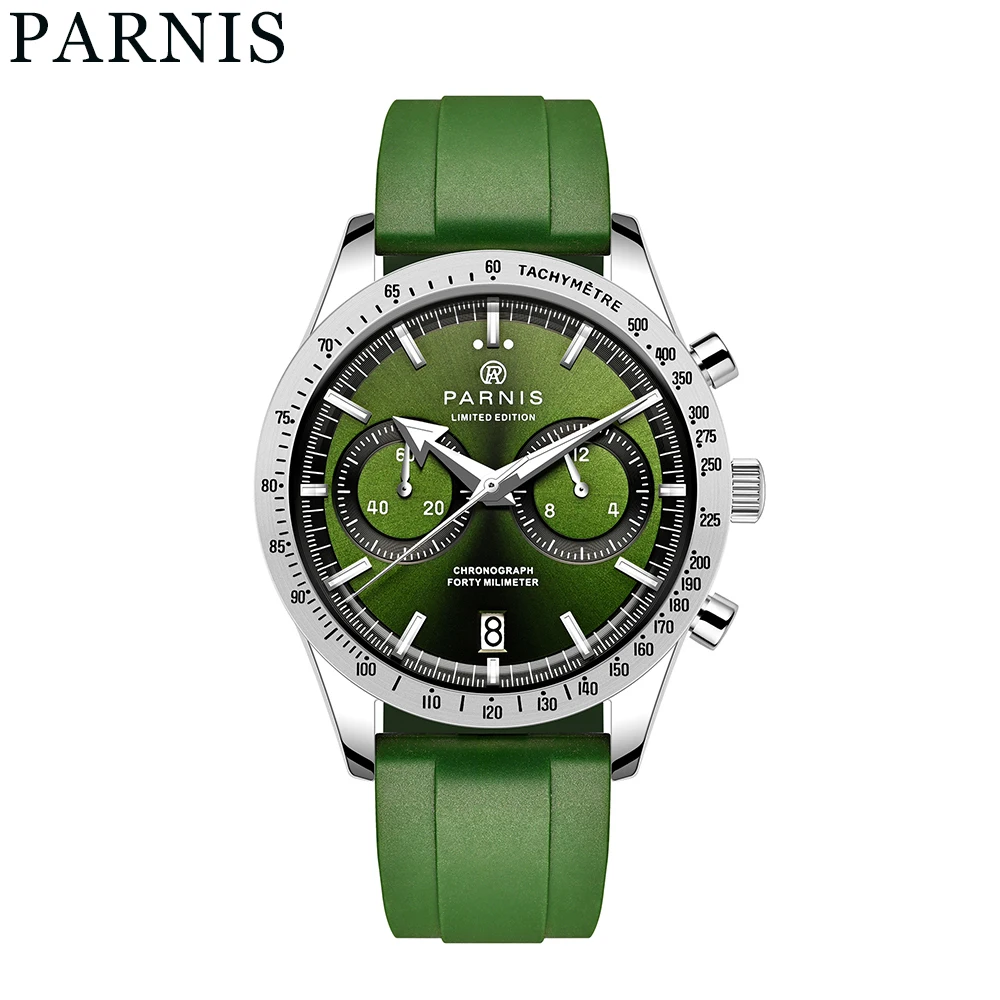 Parnis 40mm Green Dial Quartz Chronograph Men\'s Watch Green Rubber Strap Men Waterproof Luxury Watches reloj hombre Clock