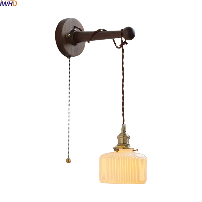 

IWHD Pull Chain Switch LED Wall Lamps For Bedroom Reading Warm Light Round Ceramic E27 Bathroom Mirror Light Lampara De Pared