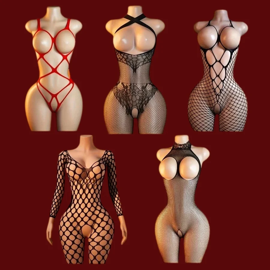 Sexy Crotchless Lingerie Fishnet Bodystocking Women Floral Bodysuit Erotic Baby Doll Dress Porn Underwear Mesh Hollow Body Suits