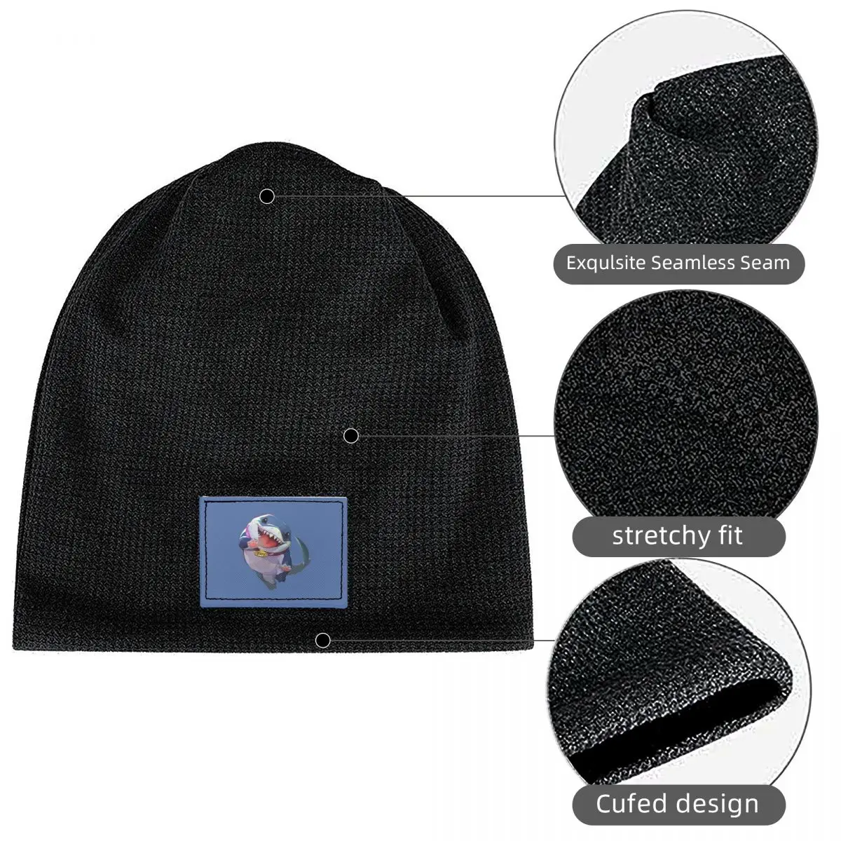 Jeff The Land Shark Waffle Knit Fleece Lined Beanie with PU Leather Patch Unisex Warm Winter Soft Cap