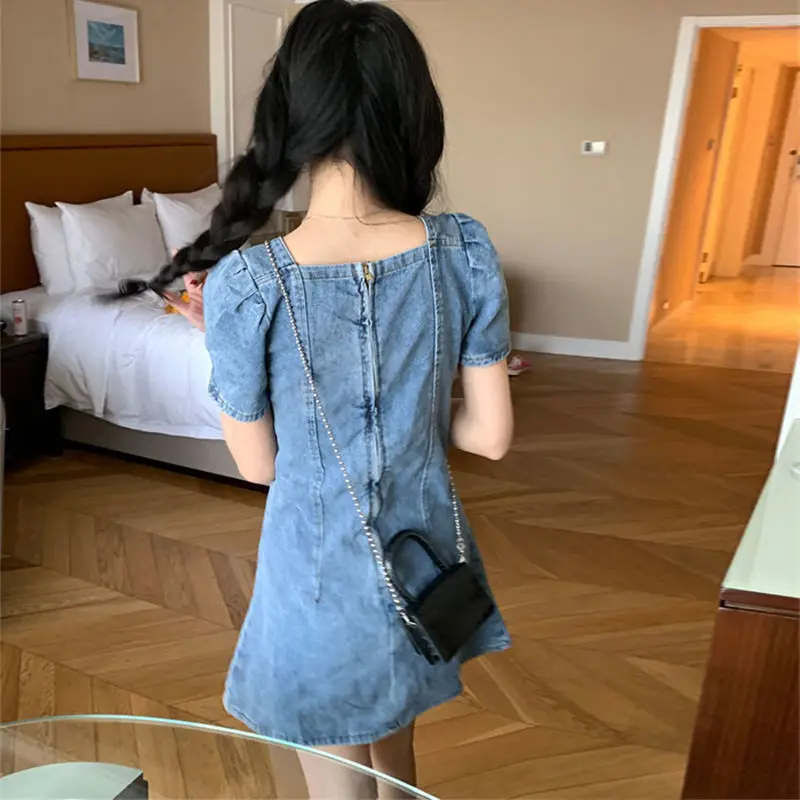 Slimming Slim Fit Bubble Sleeve Denim Dress Women's Summer Thin Large Size Design Sense Waist Cinching Short Skirt