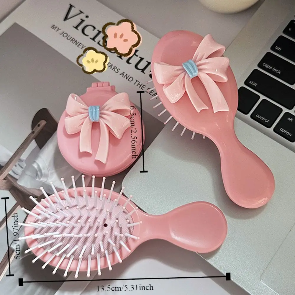 Portable Pink Round Folding Comb with Mirror Compact Bow Decor Handle Comb Anti Static Princess Style Pocket Hair Brush Women