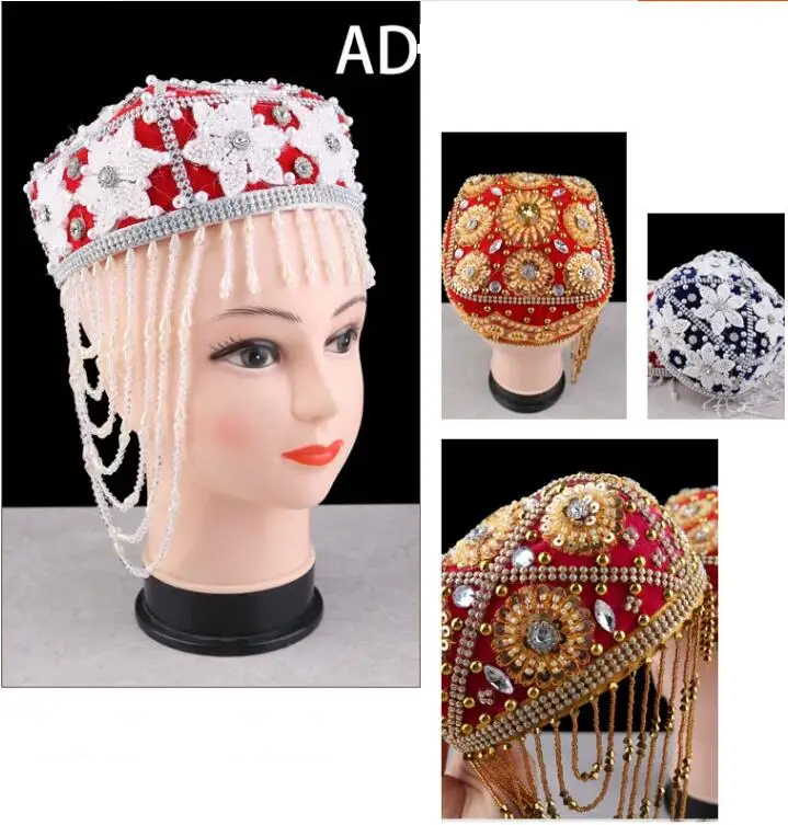 Chinese Xinjiang Dance Performance Hat Beaded Embroidery Stage Four Corner Flower