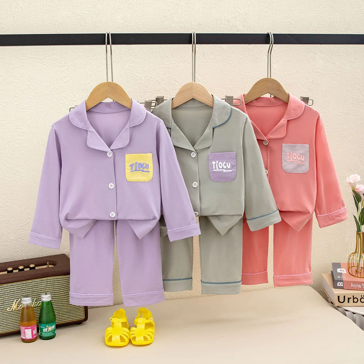 Toddler Baby Kids Unisex Casual Pajama Suit Spring Autumn Long Sleeve Front Pocket Lapel Homesuit for 1-6 Years