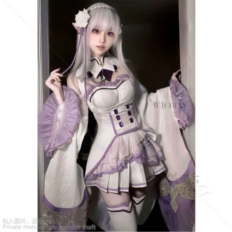 Anime Re Zero Kara Hajimeru Isekai Seikatsu Emilia Cosplay Costumes Women Dress With Headdress For Halloween Party Lolita Cos