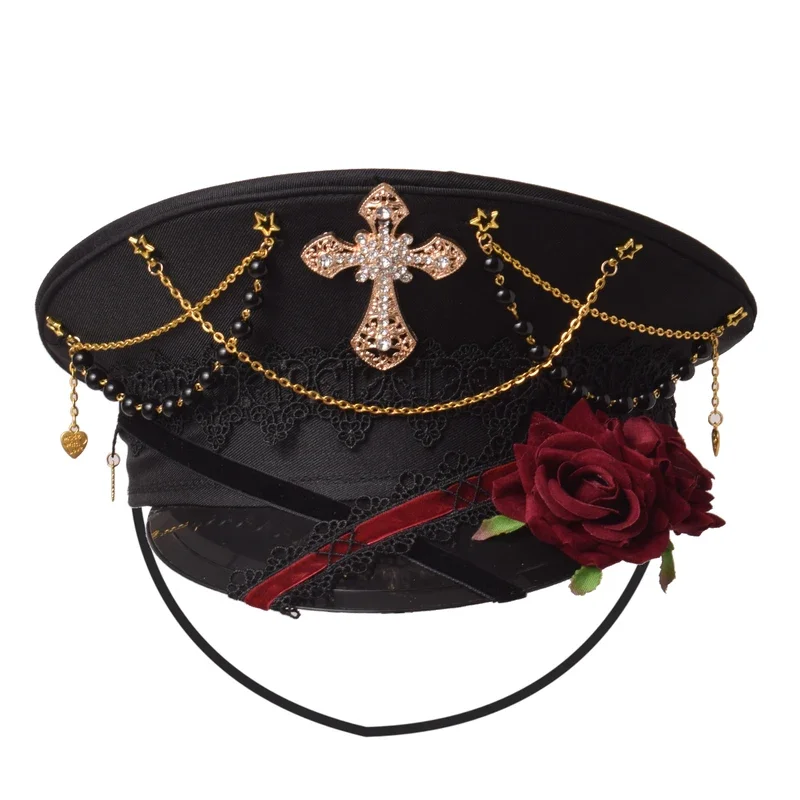 Chapeau militaire Lolita gothique pour femme, casquette femme, croix noire, marin, capitaine, plat, steampunk