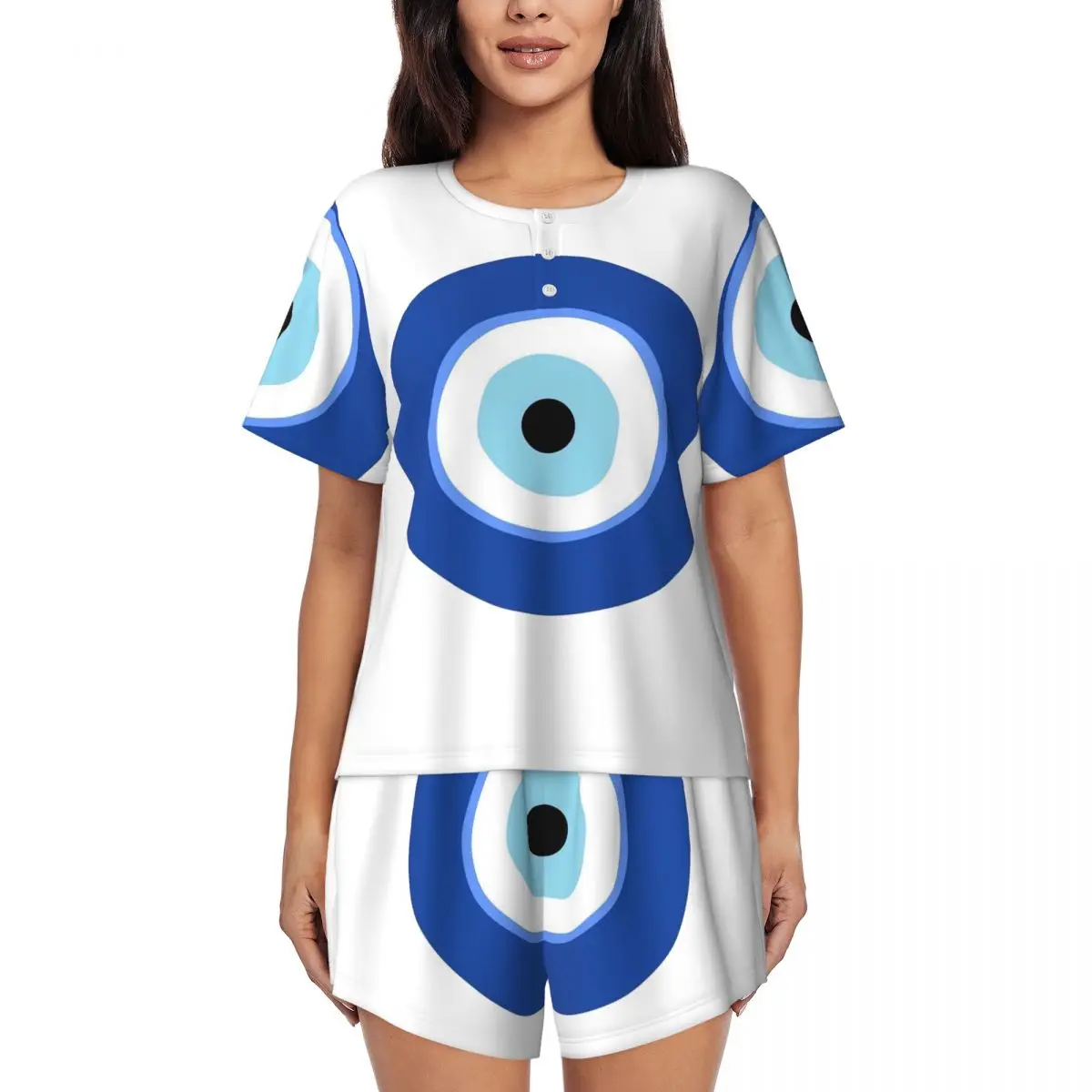 

Новая женская пижама с коротким рукавом и круглым вырезом, с принтом «Греческий турецкий глаз», свободного кроя, для сна, комплект из ночной рубашки и шорт