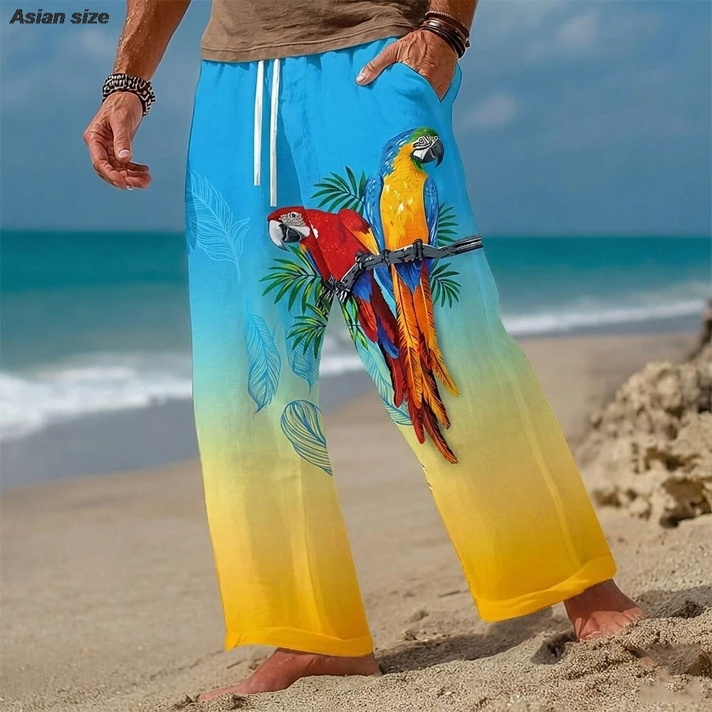 2026 Men's Animal Coconut Tree Parrot Trousers Baggy Pants Casual Pants Mid Waist Hawaiian Outdoor Vacation Beach Wear Pants