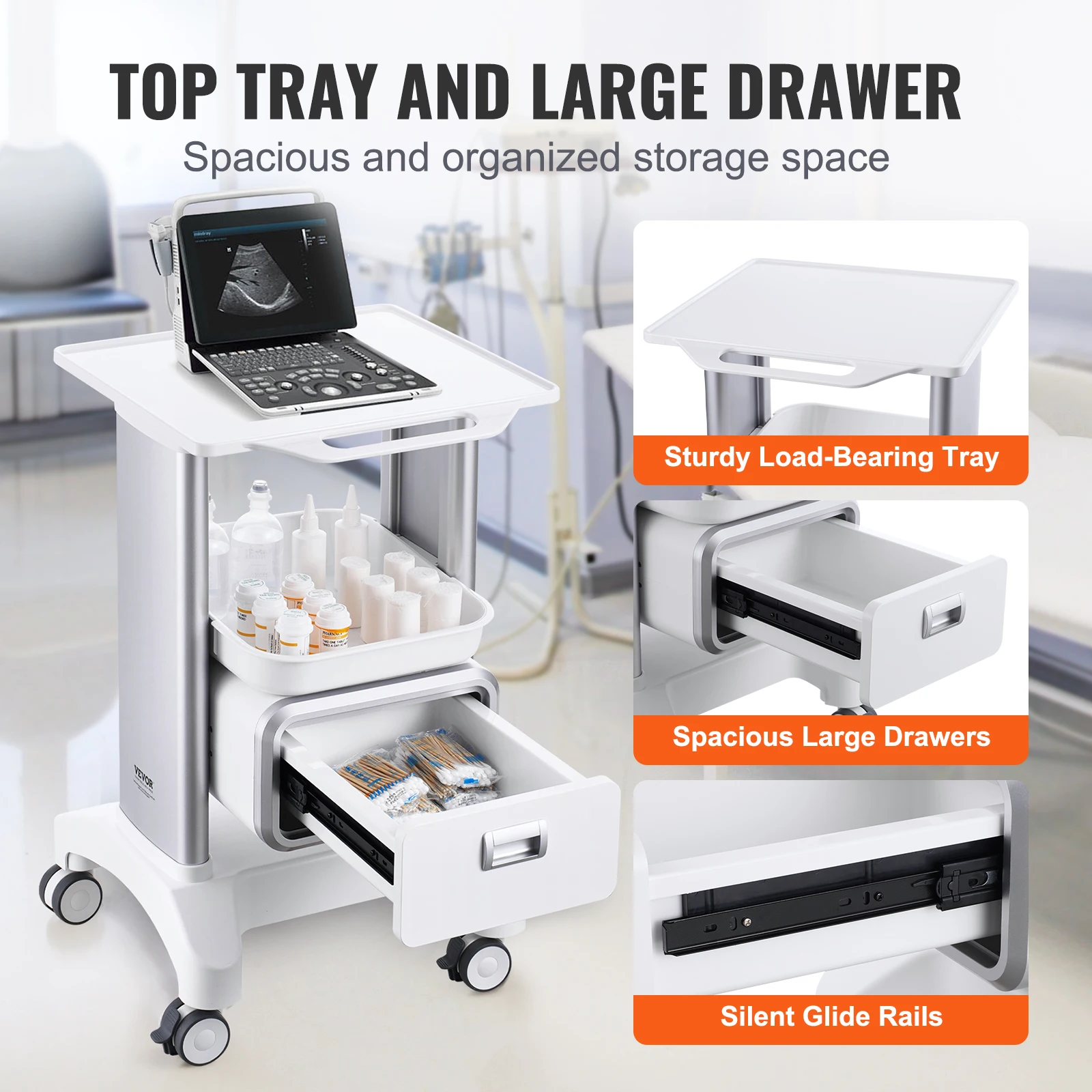 Vevor 2 camadas de laboratório/móvil médico/material abs/carros de rolo com 1 gaveta e 1 bandeja superior 4 rodas silenciosas para laboratório clínica salão de hospital