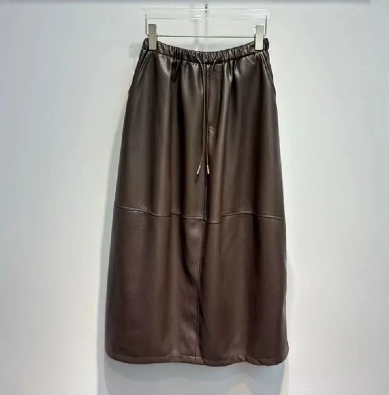 

New 2025 Winter Long Skirt High Quality PU Leather Women Elastic Waist Pocket Patchwork Casual Long Khaki Black Leather Skirts