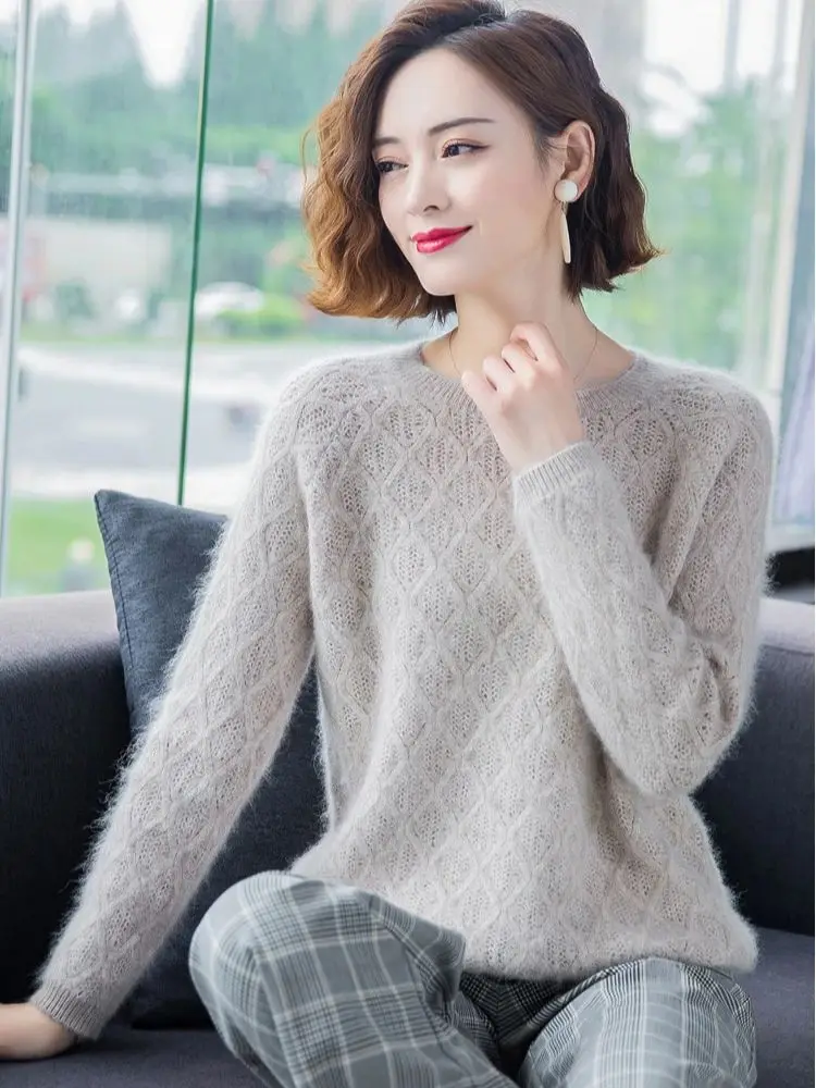 2024 New Fashion Women 100% Mink Cashmere Sweater Autumn Winter Knitwear  O-Neck Hollow Female Grace Soft Casual Loose Tops