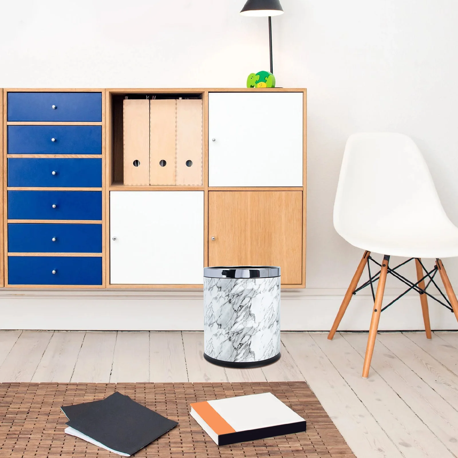 

Plastic Trash Bin Marbling Design for Bathroom Kitchen Home Office Round Shape Long Service Time Space Saving Marbling Trash Can