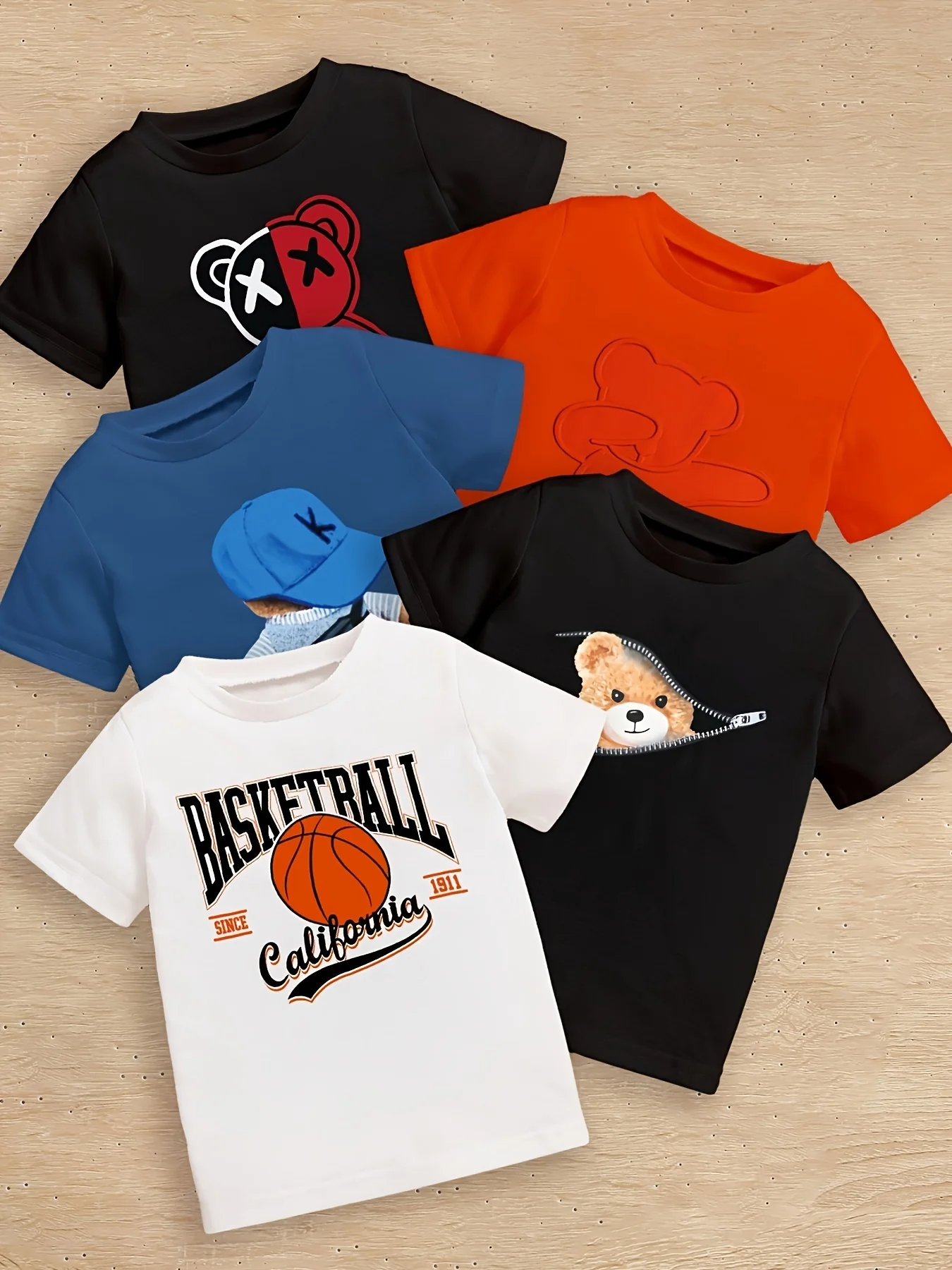 

5 Pieces, Cartoon Pattern Printing, Boys' Fashionable Casual Round Neck Short-Sleeved T-Shirt