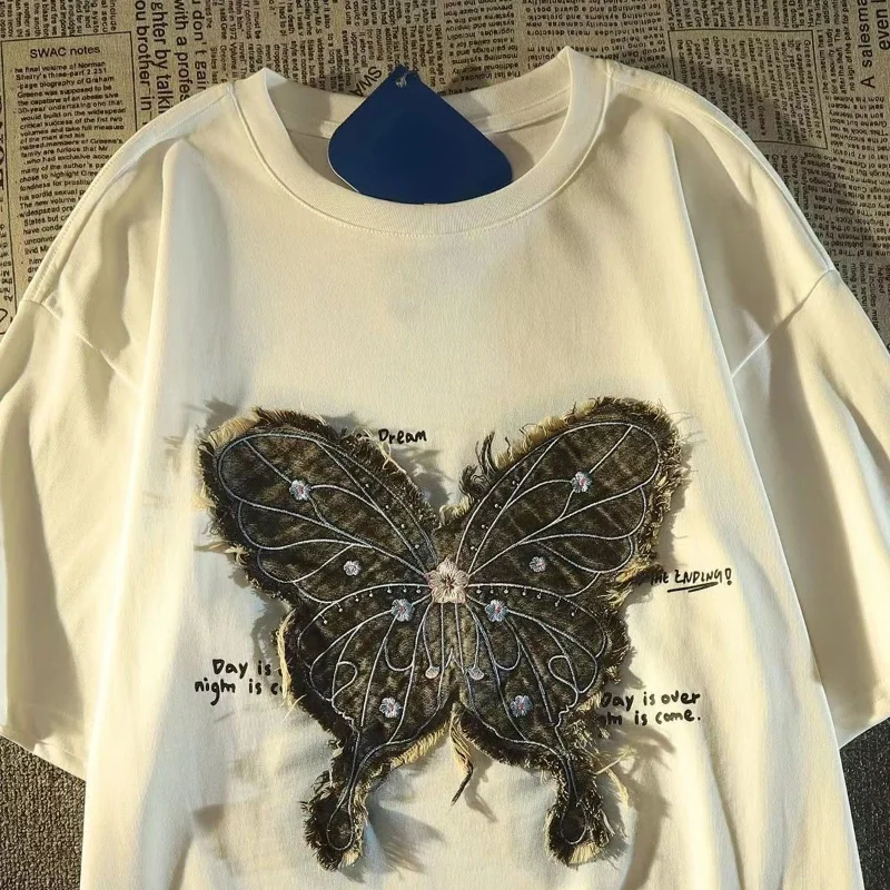 

DAYIFUN-American Cotton T-shirts for Women Short Sleeve Butterfly Patch Design Loose Summer Tops O-neck Tees Female New 2025