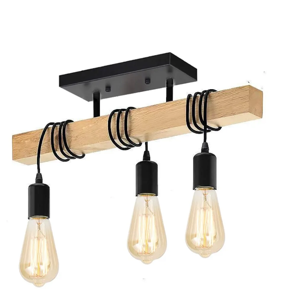 

Rustic Wooden Chandeliers Black 3 Head Ceiling Pendant Lamp Home Decoration for Dining Living Room Bedroom Kitchen Loft Indoor