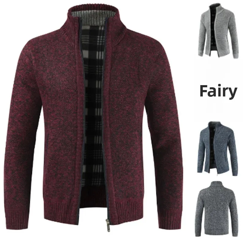 Cárdigan con cremallera y cuello levantado grueso con forro polar para hombre, suéter, prendas de vestir exteriores cálidas, abrigo de punto de invierno a la moda, moda masculina