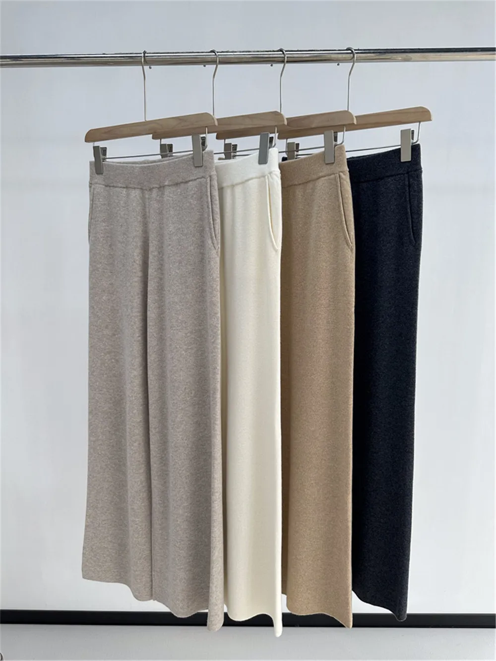 

100% Wool Straight Pants Elastic Waist All-Match Slim Pant Female Knitted Wide-Leg Trousers