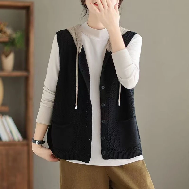 

100% Cotton Female Sweater Youthful Clothes New Waistcoat in Cheap Formal Fashion Clothing 2025 Warm Hooded Women's Knitted Vest