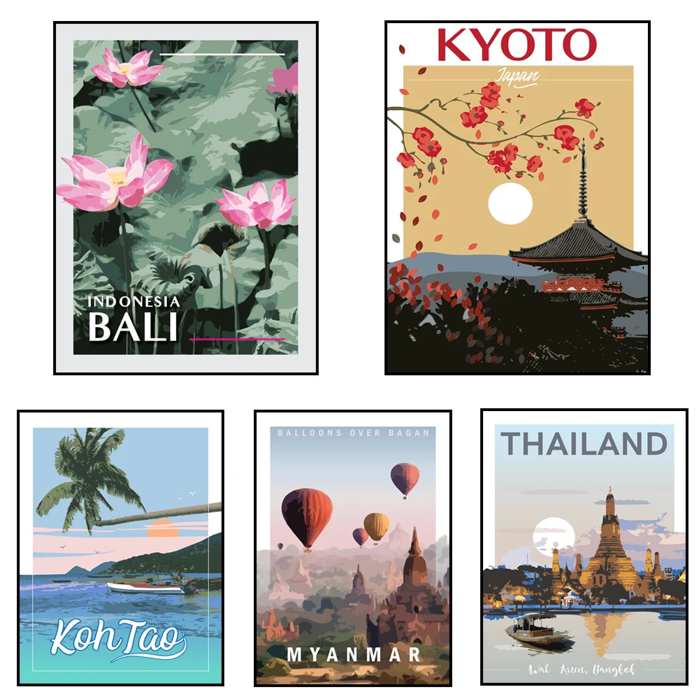 Wat Arun, Koh Tao, Tailandia, Templo Angkor Wat, Camboya, Siem Reap, Japón, Bagan, Myanmar, Taj Mahal, Bali, Póster de Viaje Vintage