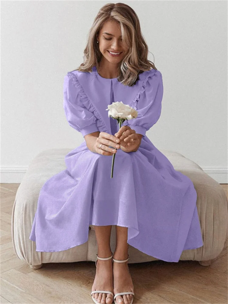 Tossy Elegant Pleated Ruffled Long Dress Women Slim Short Sleeve High Waist Fashion Solid Patchwork Dress Female Bodycon Dress