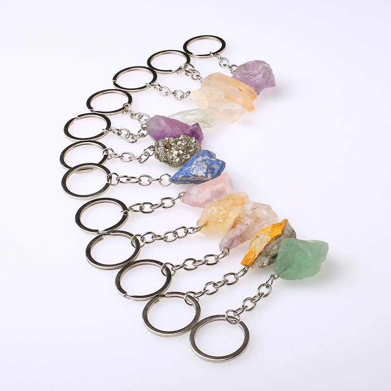 1pcs Natural Rough Raw Stone Crystal Quartzs Keychain Women Men Handbag Hangle Car Key Holder Raw Mineral Stone KeyRing Jewelry