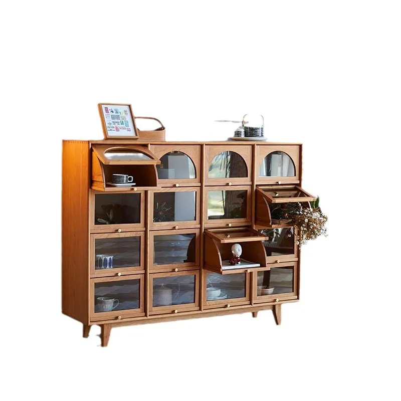 

New Nordic style sixteen-grid cabinet, solid wood retro display cabinet, cherry wood bucket cabinet, medie