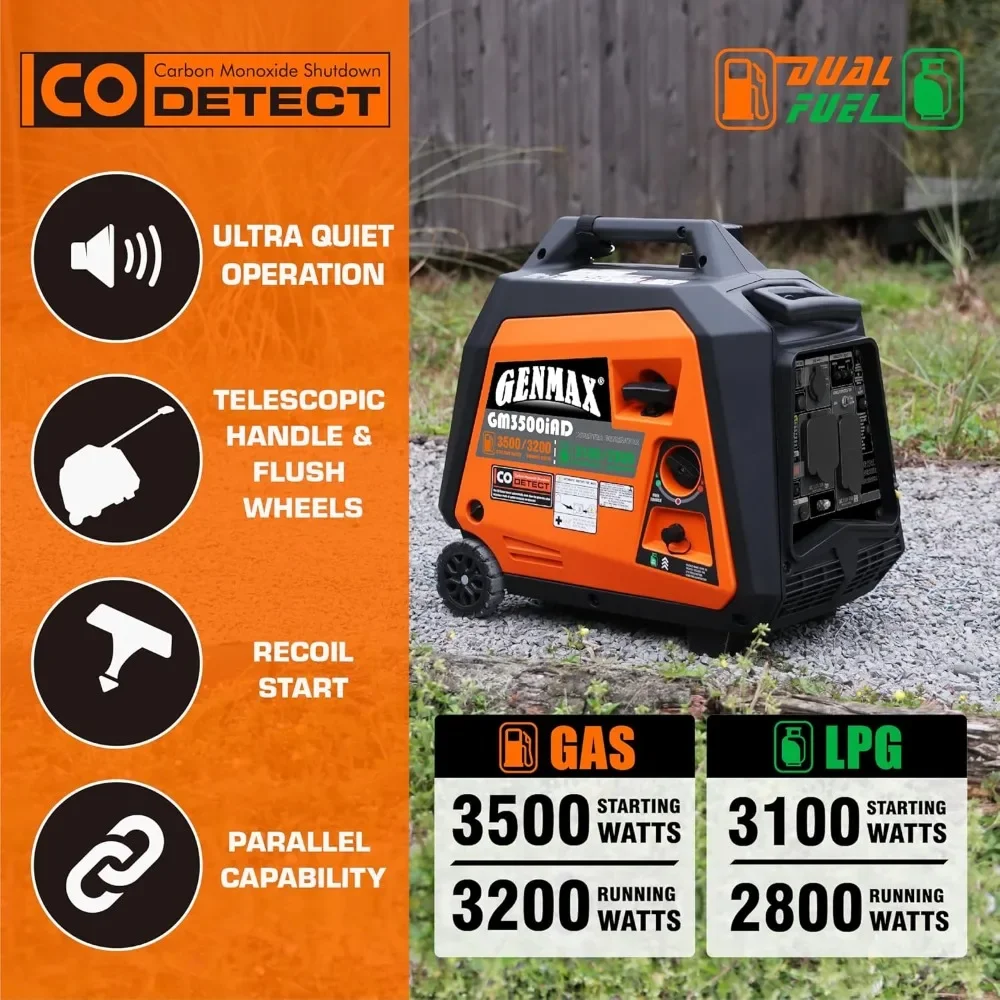 Portable Generator, 3500W Super Quiet Gas or Propane Powered Engine with Parallel Capability, Manual start，Ideal for Camping