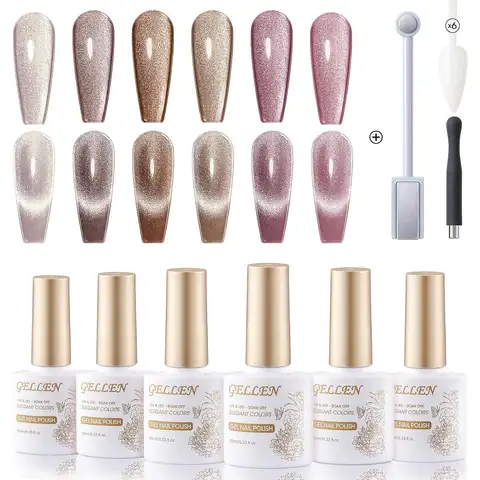 GELLEN Glitter Cat Eye Gel Nail Polish Set 6 Colors 10ml Magnetic Gel Polish Magnet Brown Pink Soak off UV Lamp Mothers Day Gift