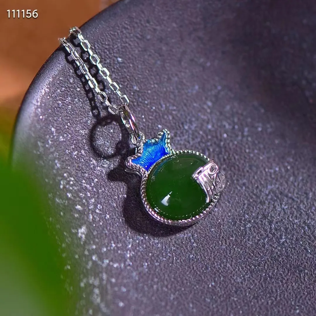 

Natural 100%real Sterling Silver necklace mosaic green hetian jade Lucky Money Bag pendant jewellery for woman gifts Bless peace