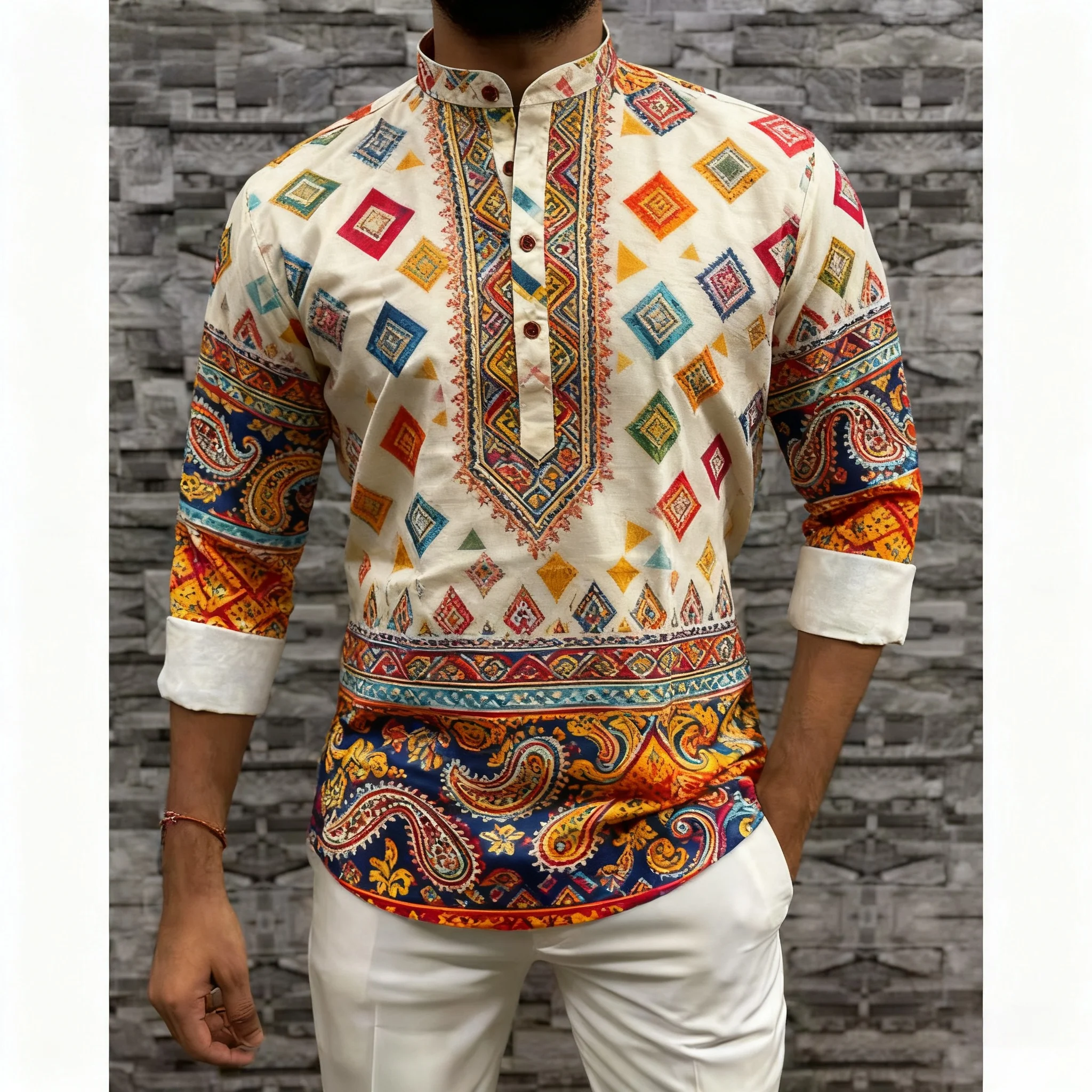 2026 ملابس رجالية مسلمة الوقوف طوق الذهبي طباعة قميص طويل الأكمام العصرية ملابس كاجوال Ropa Arabe De Hombre الإسلامية #2