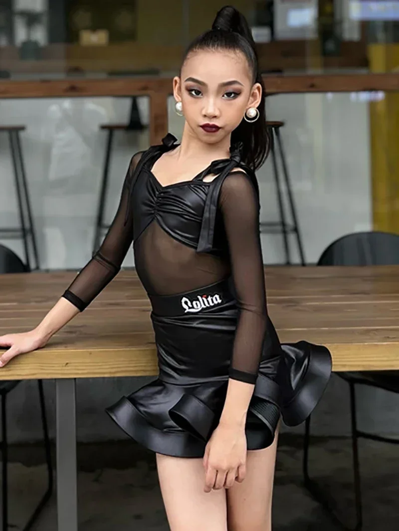 Kinder Mädchen Lolita Latin Dancewear Langarm Mesh Body Schnüroberteil und Latexröcke Bühnenaufführung Tanzkleidung