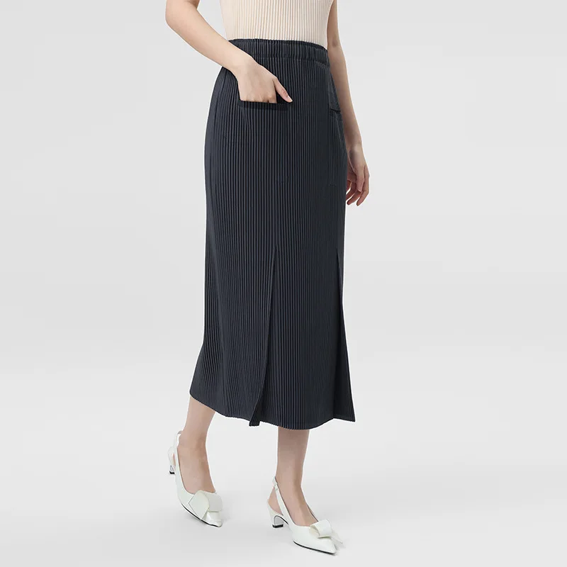 

Miyake Split Hem Women's Skirt Dark Gray Pleated Pockets Elastic Waist Casual Office Famale Skirts 2026 Summer New 2DB6872