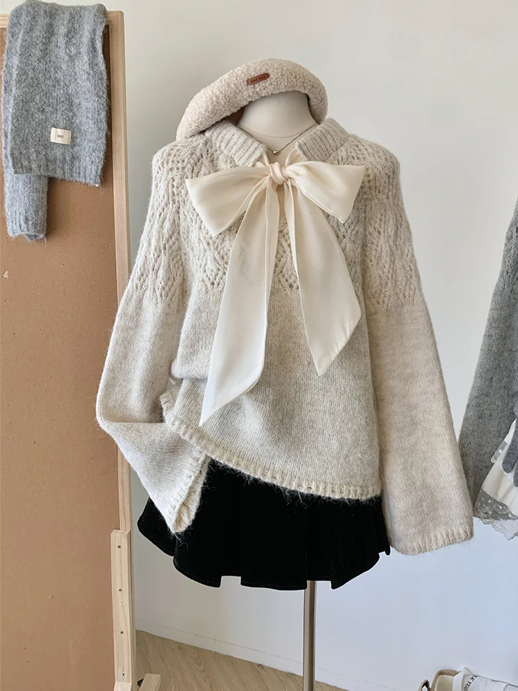 Fall Winter Women Korean Shoujo Old Money Cuddly Bow Sweater Long Sleeve Pullovers 2000s Aesthetic Mori Girl French Vintage Chic