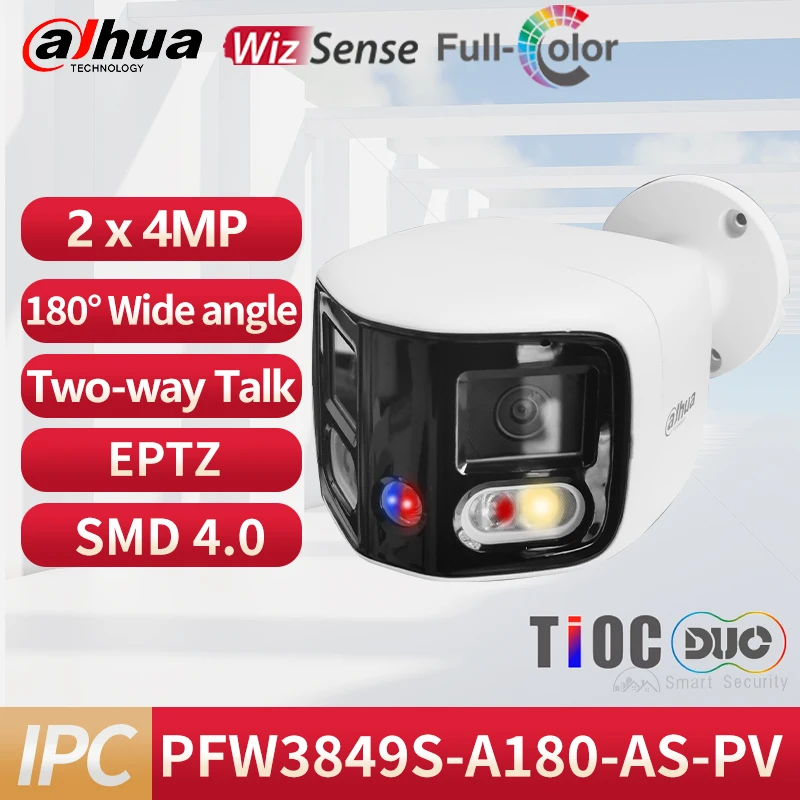 Dahua 4K Tioc Dual Splicing Bullet Camera Buiten 180 ° Groothoek Samrt Ai Cctv Tweerichtingsgesprek Smd4.0 Eptz Ipc PFW3849S-A180-AS-PV