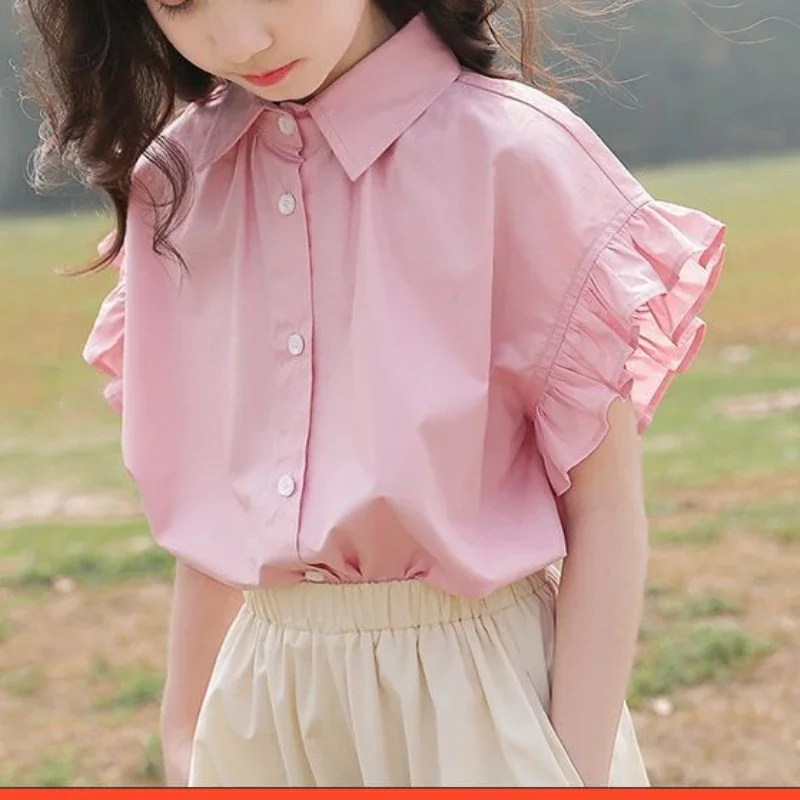 

Middle School Big Children Short Sleeved Summer Clothes Small Flying Sleeve Shirt 2025 Summer New Style Western Style Shirt