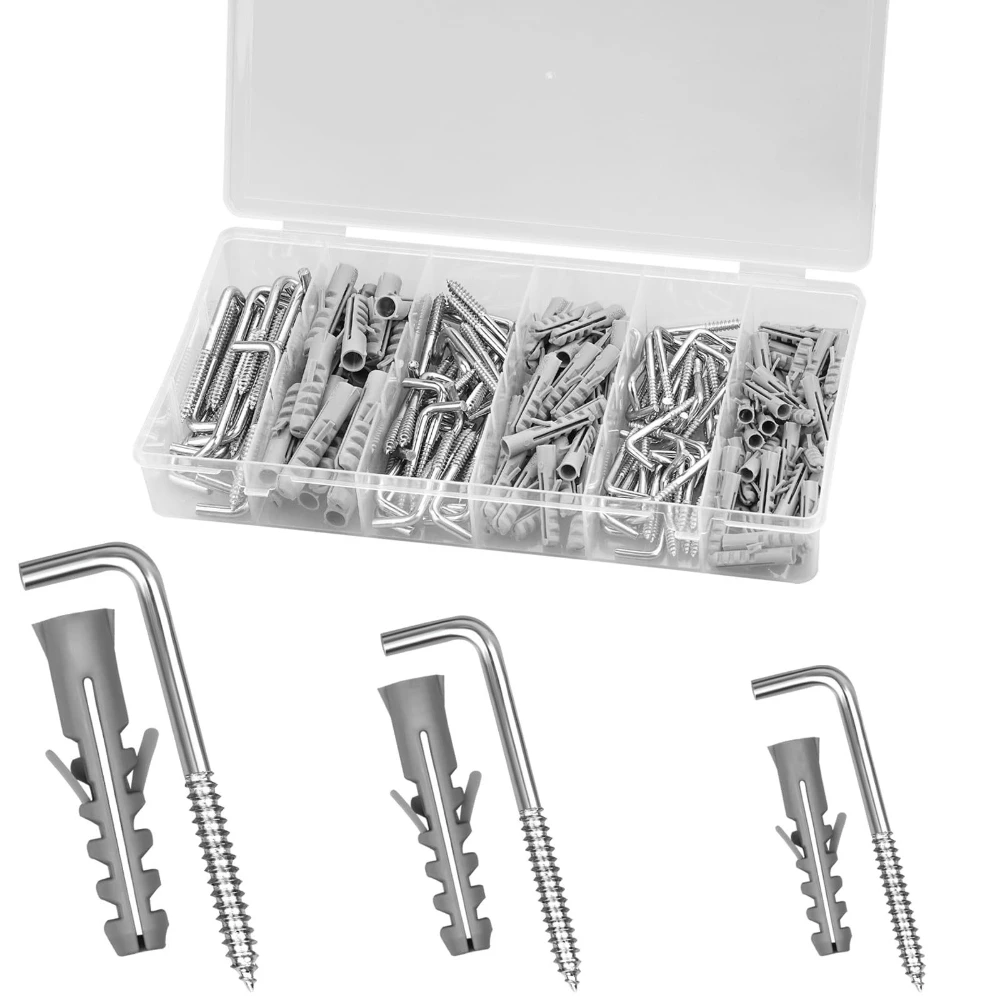 

180pcs Expansion Tube Fish-shaped Bolt Screws Common Carbon Steel L-shaped Hook Self-tapping Screw Hook Right-angle Hanging Nail