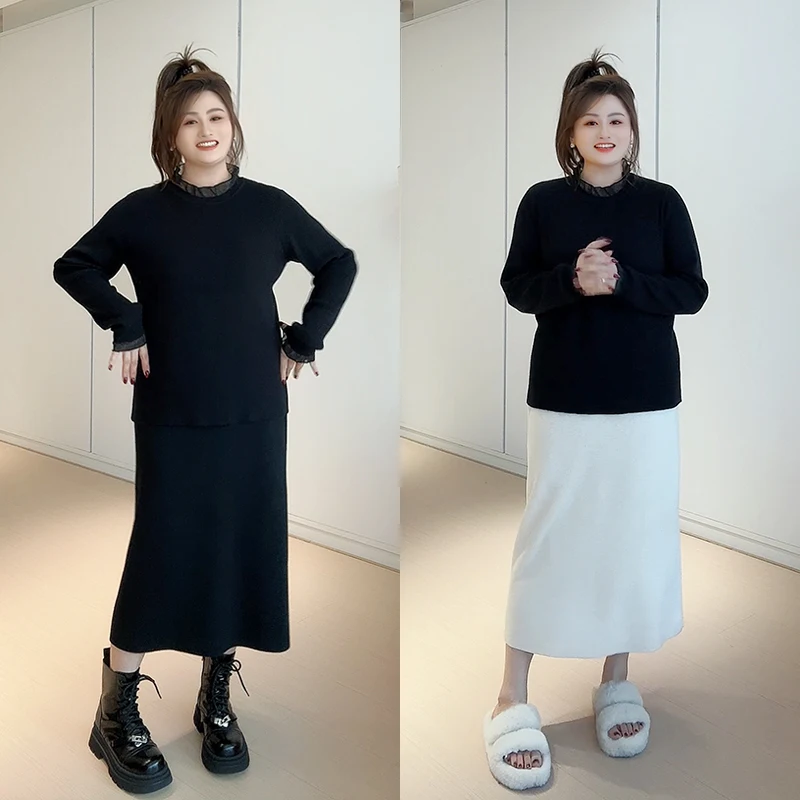 

Ele Knitted Midi Skirt High Waist Slimming Long A-Line Skirt Pure Color Wool Blend Fabric for Women in Autumn