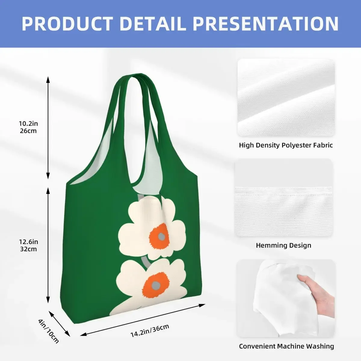 Custom Cute Little Poppy Print Green Shopping Tote Bags Recycling Modern Style Canvas Grocery Shopper Shoulder Bag Handbags image 4