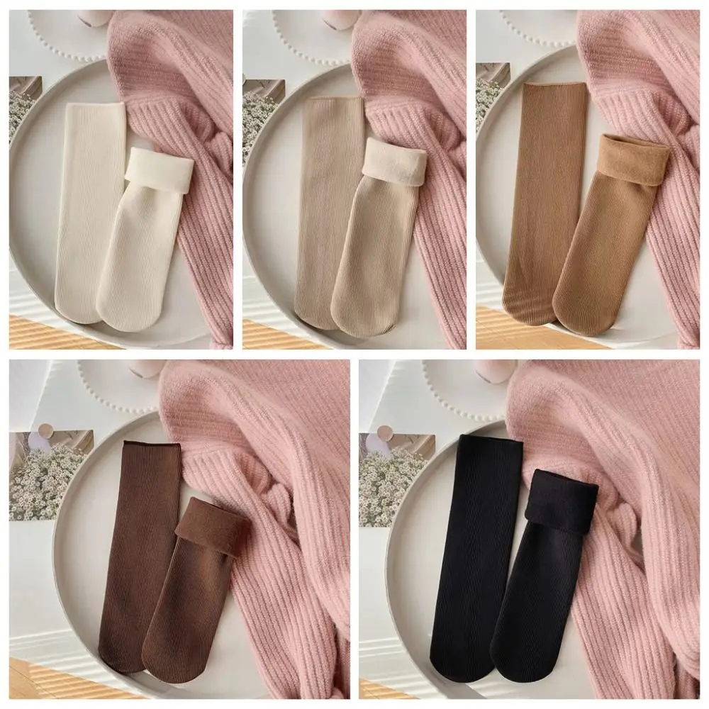 

5Pairs Stripe Thicken Warm Socks Simple Thicker Thermal Mid Length Socks Mid Tube Solid Color Winter Socks Women Sleeping Socks