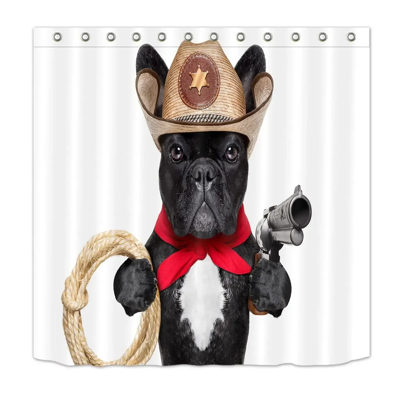 Funny Western Dog Sheriff Shower Curtain Cool Pug Red Neck Scarf Gun Lasso Cowboy Hat Bath Curtain