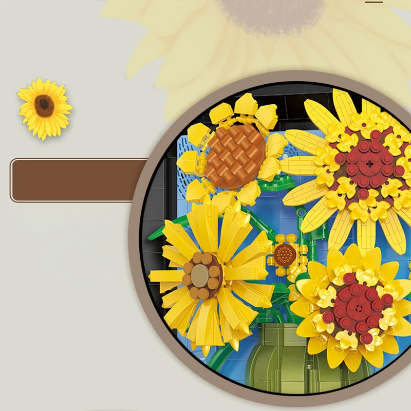 Creative Van Gogh Sunflower Painting Bouquet Building Blocks Sun Flower 3D Model Picture Frame Home Decoration Bricks Toys Gift